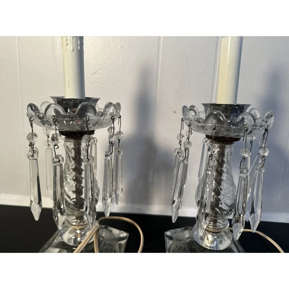 Pair of Large Cut Etched Crystal‎ Hurricane Lustre Mantle Lamps Drop Prisms